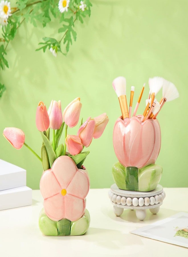 Ninehaoou 2 Pcs Pink Flower Ceramic Pen Holder Cute Tulip Pencil Holder Aesthetic Flower Makeup Brush Vase Decorative Desktop Organizer Birthday Gift for Women Office Home Wedding Party Decor - Image 1